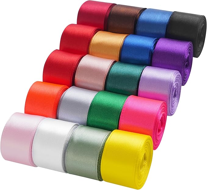 LIUYAXI Rainbow Ribbon 1 Inch Double Faced Satin Ribbon Set for Gift Wrapping Crafts Hair Bows Wedding Party Decor Baby Shower Flower Bouquet, 20 Colors with 5 Yards Each, Total 100 Yards