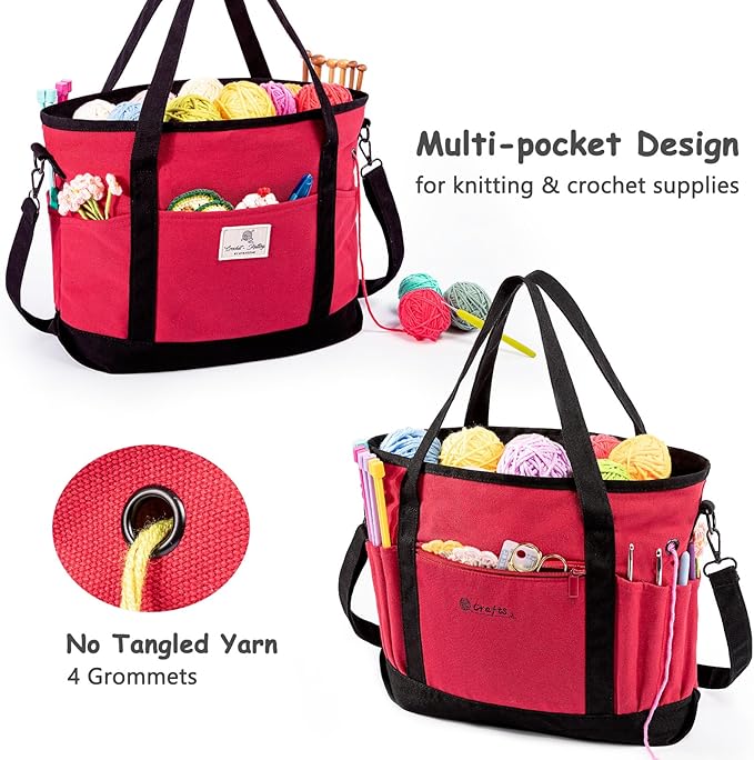MYBAGZING Canvas Yarn Storage Organizer Bag Washable Crochet Bag with Pockets for Yarn, Hooks, Needles – Travel Knitting Tote for Crafters – Gift for Crocheters & Knitters (Medium/Large)