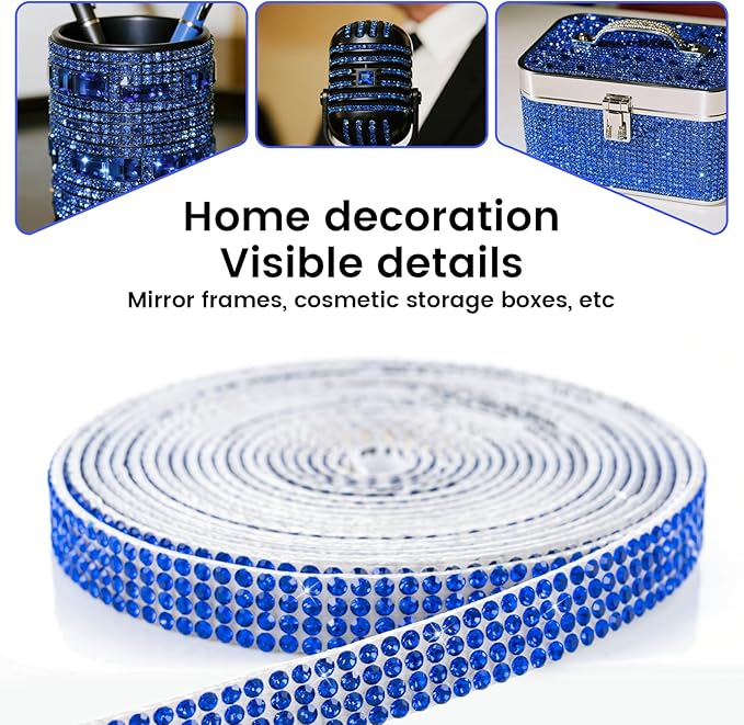 Novani Self Adhesive Rhinestone Ribbon, 0.35 Inch 3 Yards 1 Roll, Royal Blue Crystal Diamond Bling Strips for DIY Crafts, Home Decor, Glitter Glass Rhinestones Tape for Crafting, Car Decoration