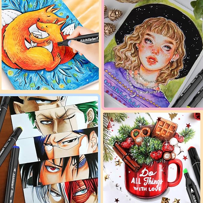 alchilalart 100-Colors Alcohol Based markers, Alcohol Markers Set, Dual Tip Alcohol Sketching Drawing Markers Animation for Adults Kids