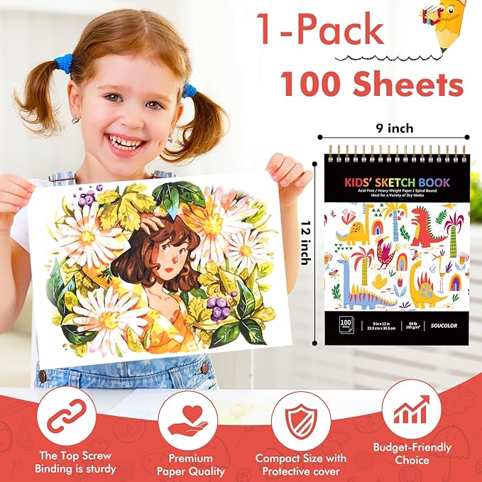 Soucolor 9" x 12" Sketch Book, 100 Sheets Spiral Bound Art Sketchbook, Acid Free Artist Drawing Book Paper, Art Supplies for Adults, Craft Activities, Sketch Paper for Drawing Coloring Sketching