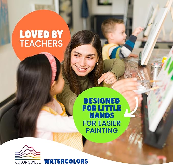 Color Swell Washable Bulk Watercolors, 18 pack, 8 Colors, Wood Brush, Classroom Bulk Pack - Bulk Watercolors