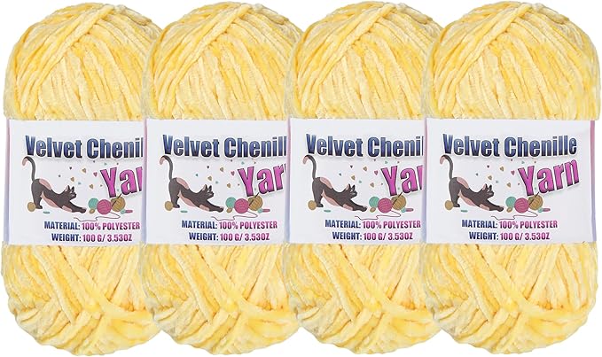 4 * 100g Fluffy Velvet Chenille Yarn for Crocheting and Knitting, Handcrafts Weaving Soft Chenille Yarn for Crocheting Clearance, Used for Making Baby Yarn Blanket, Clothes, DIY Craft (Yellow)