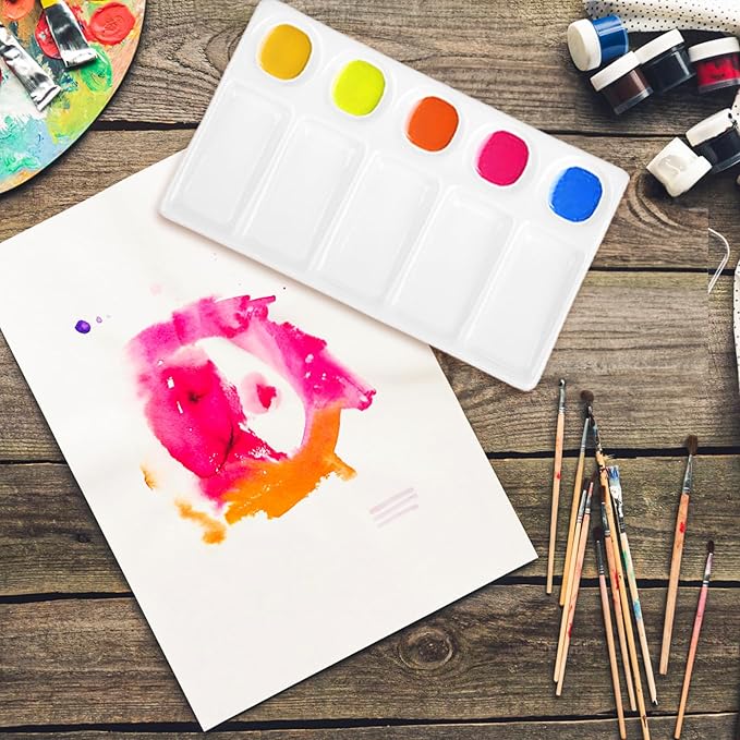 Jucoan 2 Pack 10-Well Ceramic Watercolor Painting Palette, 7-1/2 x 4-1/4 Inch Rectangle Porcelain Artist Paint Palette Mixing Tray for Watercolor, Gouache, Acrylic
