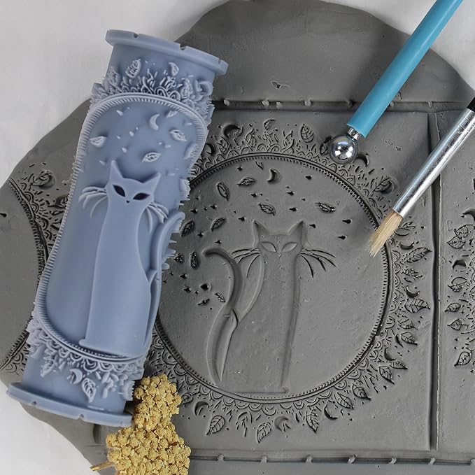 Black Cat Clay Texture Roller (4") - Halloween Set #01 - Embossing Pattern Roller for Polymer & Ceramic Clay, Pottery & Crafts