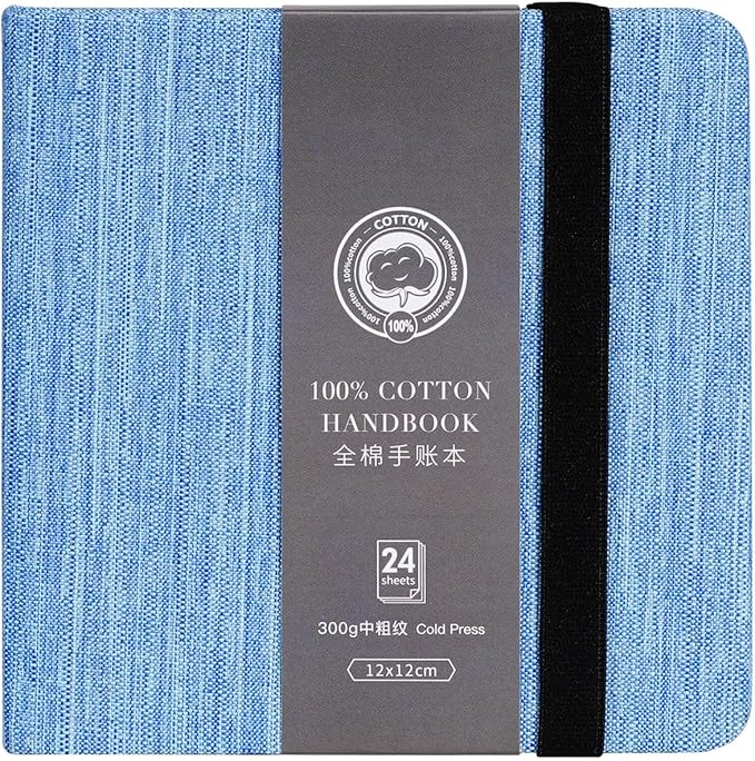 Lightwish Square Watercolor Journal,100% Cotton,300gsm/140lb,Acid-Free,24 Sheets Cold Press Watecolor Sketchbook for Artists Adults Students,4.7 * 4.7 Inches(Blue)