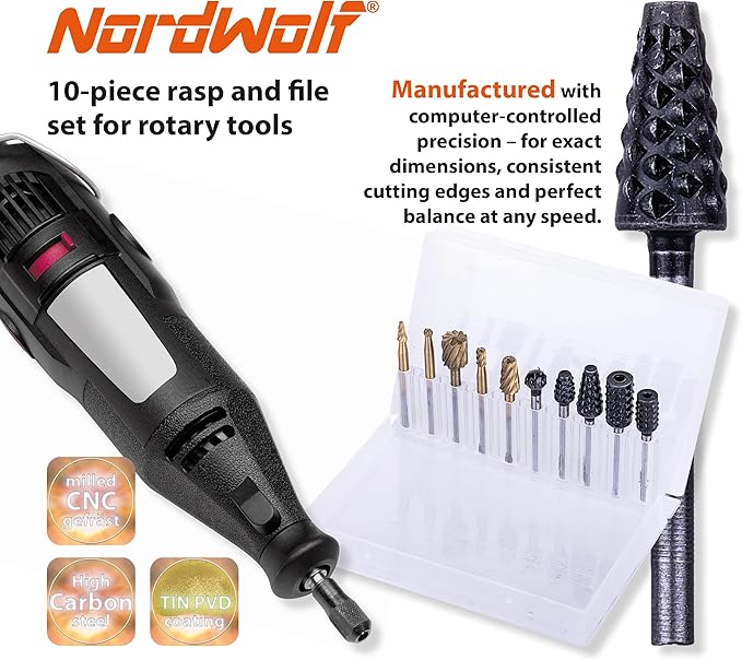 NordWolf 10-Piece Wood Carving Rasp Files Set for Rotary Tools, with 1/8" Straight Shank for Woodworking, Deburring, Shaping & Grooving in Storage Case