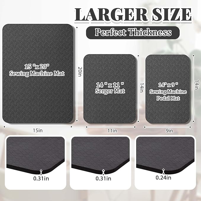 3 Pcs Sewing Machine Muffling Mat Pedal Mat Sewing Machine Pad No Slip Rubber Stay in Place Mats for Calms Vibration(Black,15 x 20 Inch,14 x 9 Inch,14 x 11 Inch)