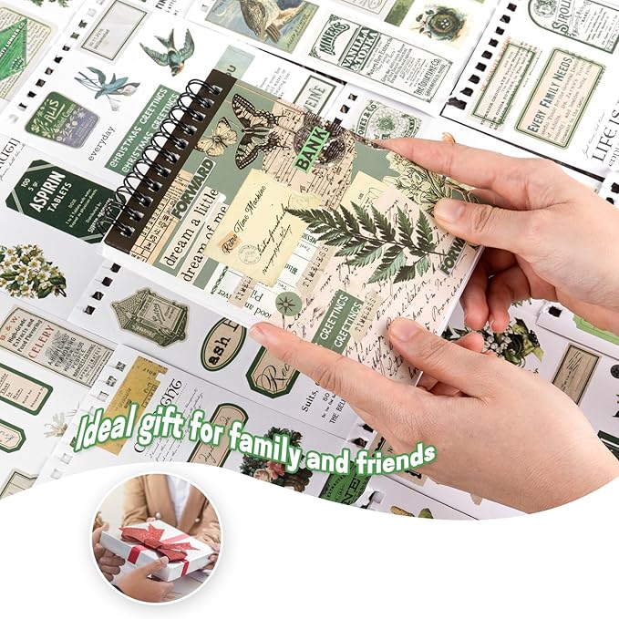 RISYPISY Pre-Cut Vintage Washi Journaling Sticker Book for Scrapbooking, 476PCS Green Scrapbooking Supplies, Ephemera for Junk Journal Supplies Crafts Arts, Dark Academia Stickers for journaling