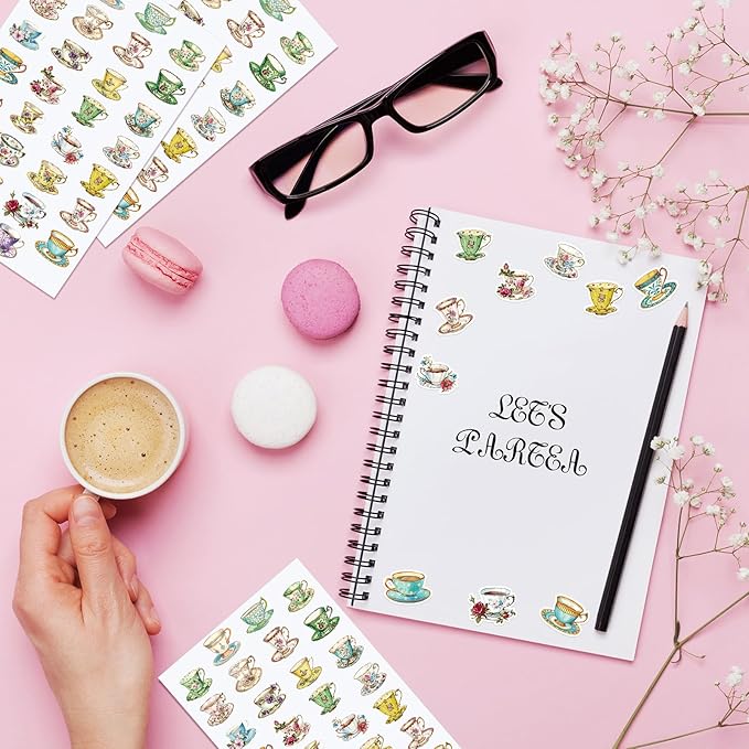 Humyoun 300 Pcs Tea Cup Stickers Rustic Mini Teacup Stickers Tea Time Party Favors Aesthetic Waterproof Vinyl Decals Pack for Water Bottles Scrapbooking Laptop Luggage Phone Skateboard