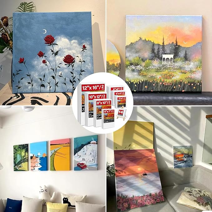 14 Packs Stretched Canvas for Painting, MultiSize 12x16, 10x12, 8x10, 5x7, 8x8, 6x6, 4x4 (2 of Each), Primed Blank Canvas for Oil, Acrylic Paint,for Beginner, Artist.