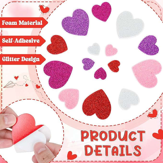 300 PCS Valentines Stickers, Self-Adhesive Foam Heart Stickers Valentines Decor, 3 Sizes Glitter Valentine Crafts, Red Purple Heart Themed Decor for DIY Scrapbooking Cards Craft Supplies