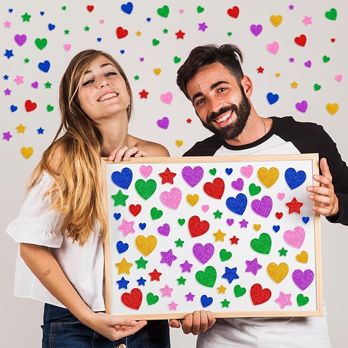 300 PCS Glitter Heart Stickers, Colorful Self Adhesive Foam Star Heart Stickers, Arts Craft Mini Star Bulk for Valentine Crafts DIY Greeting Card Envelopes Scrapbooking