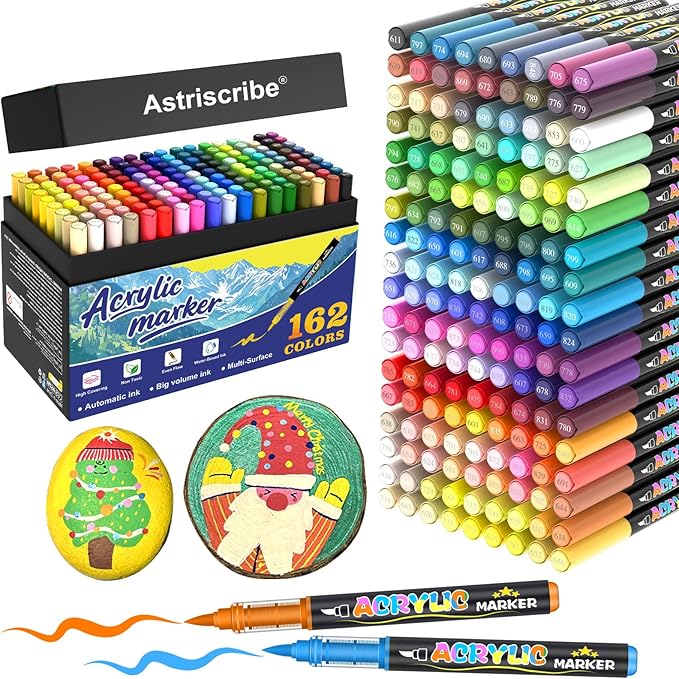 CaliMarker 162 Colors Acrylic Paint Markers Set – Professional Palette with Brush Tip (1–5 mm), Quick-Dry and Waterproof Ink for Rock, Wood, Glass, Metal, and Fabric