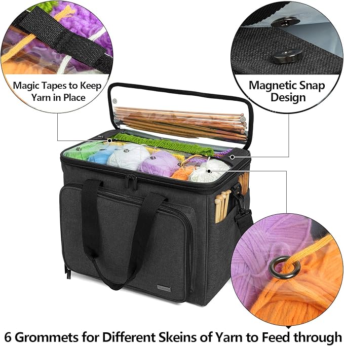 Teamoy Knitting Bag, Yarn Tote Organizer with Inner Divider (Sewn to Bottom) for Crochet Hooks, Knitting Needles(Up to 14”), Project and Supplies, Black -No Accessories Included