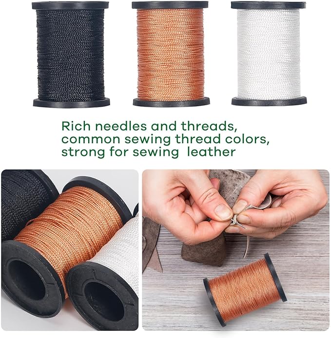 Nurkul 3-Spool Nylon Thread Sewing Kit, 80 Yards Each, Heavy Duty Needles (5 Straight, 2 Curved), Sewing Awl, Ideal for Upholstery, Leather, Shoes & DIY Crafts