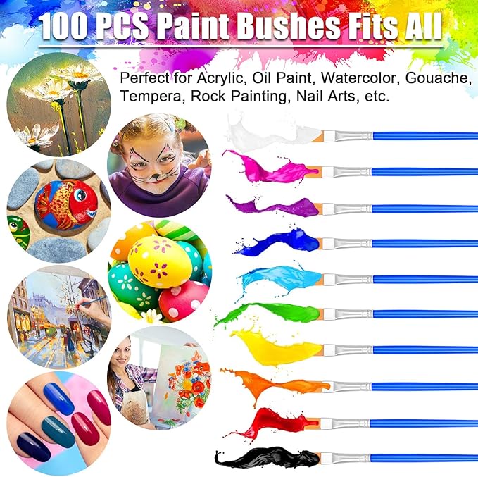 100Pcs Small Paint Brushes Bulk, Anezus Flat Top Acrylic Classroom Brush for Kids Mini Paint Brushes for Touch Up Crafts Detail Painting