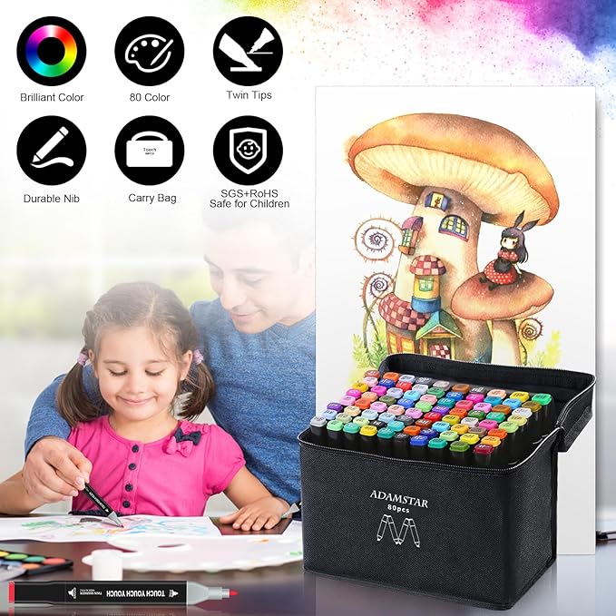 AdamStar Alcohol Markers, 80 Colors Dual Tip Art Markers for Kids & Adult Coloring, Sketching, Drawing - Paint Pens With Carry Case
