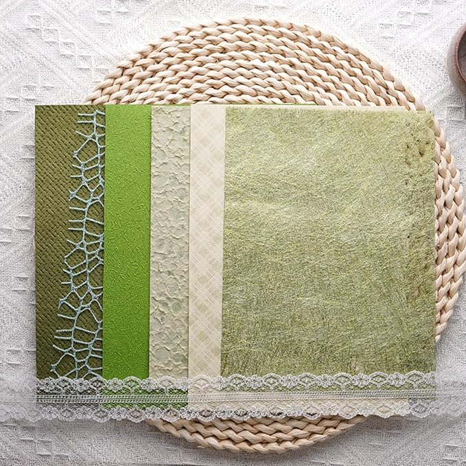 15Pcs Handmade Scrapbook Art Paper Craft Textured Paper Colorful A5 sheet Mesh Special Paper Mix for Scrapbooking Junk Journal Journaling Supplies DIY Materials,5.8x8.2 inches (Green)