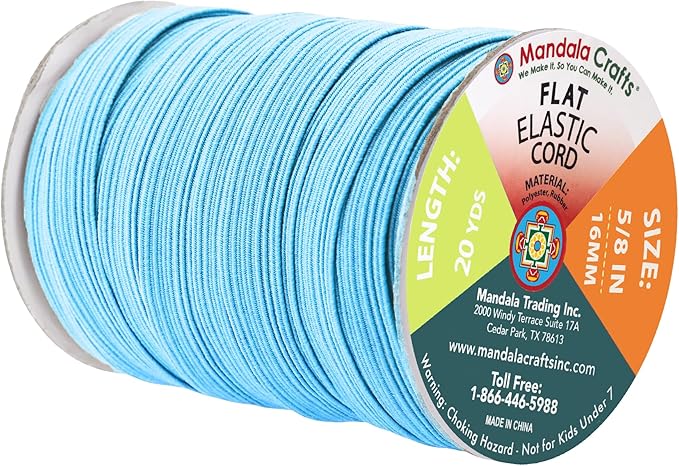Mandala Crafts 16mm 20 Yds Roll of Sky Blue Elastic Bands for Sewing - 5/8 Flat Elastics Cord - 5 8 Inch Braided Stretch Straps for Crafting