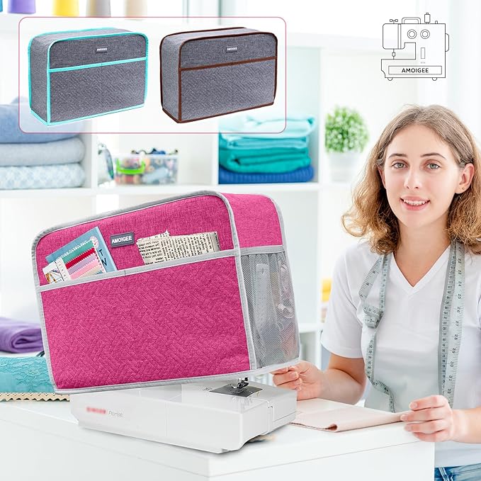 AMOIGEE Sewing Machine Cover for Brother, Singer, Janome – Quilted Dust Cover with Storage Pockets, Padded Protective Sewing Machine Case Fits Most Standard Sewing Machines (17" x 7" x 12")