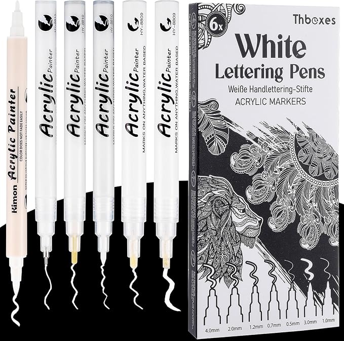 White Pens Set, 6 Pcs Acrylic Paint Pens Dual-Tip Marker Fineliner Brush Pen Quick-Drying Waterproof White Ink Pen for Black Paper Drawing Sketching Clothes Wood Glass Ceramic Stone