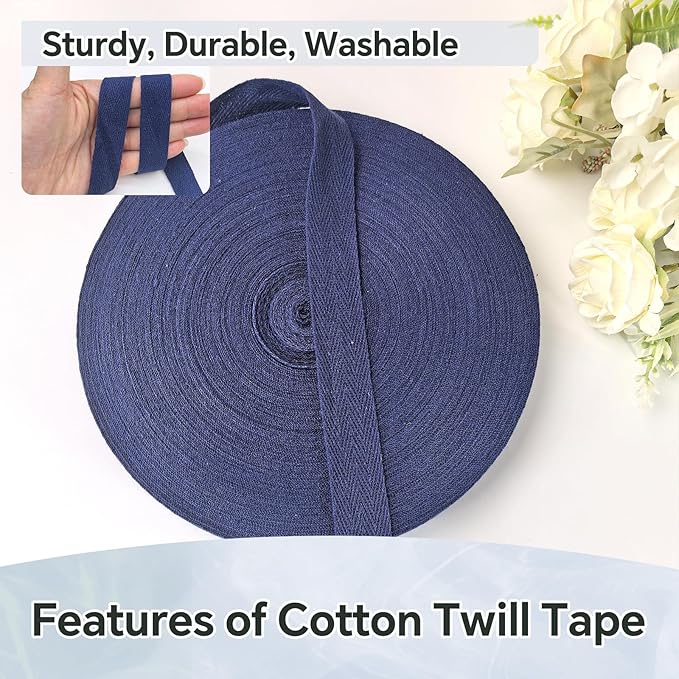 40 Yards Herringbone Twill Tape for Sewing,Pet Collar,Gift Wrapping Home Deco -3/4 inch Navy Blue Cotton Webbing Straps-Natural Bias Binding Tape for Handles, Crafting & DIY Projects