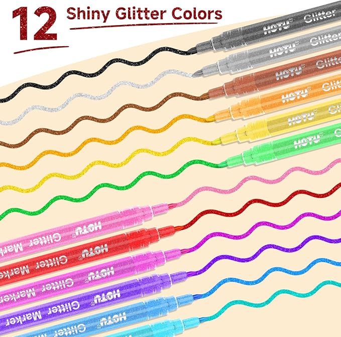 12 Glitter Markers Pens, Metallic Shimmer Markers for Rock, Glass, Wood, Fabric, Halloween and Christmas Decoration, Sparkly and Shiny Glitter Paint Pens with Fine Tip 0.7 mm