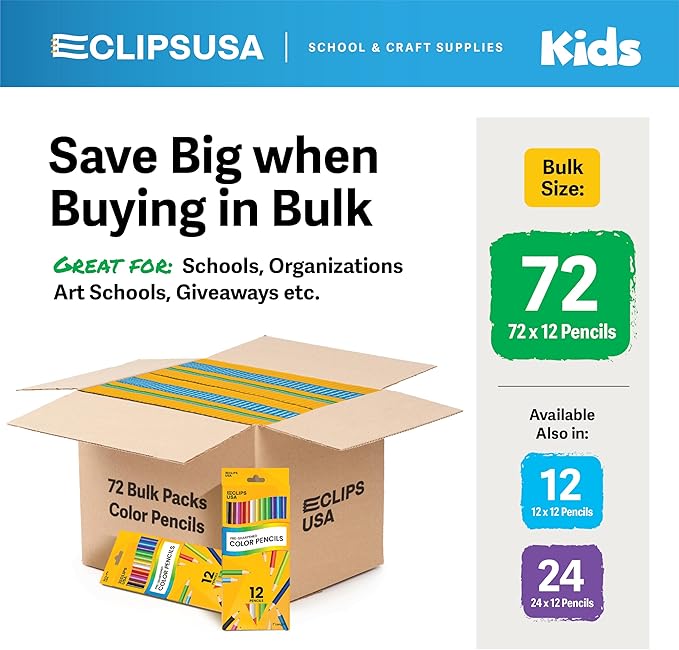 E-CLIPS USA Colored Pencils Bulk, Colored Pencils For Kids Or Adults, Map Coloring pencils, 12 Per Box, Box May Vary (72 Boxes)