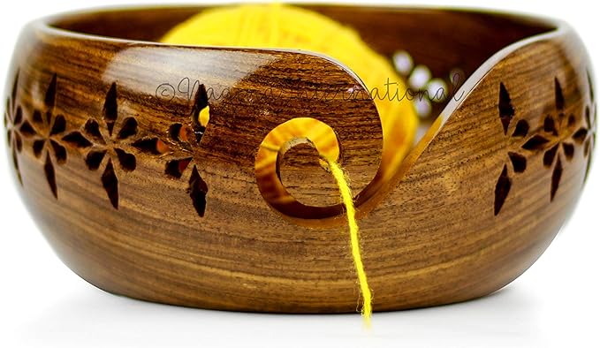 Nagina International Rosewood Crafted Wooden Yarn Storage Bowl With Carved Holes & Drills | Knitting Crochet Accessories (Small)