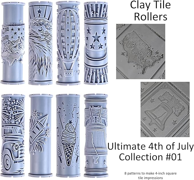 Ultimate America Clay Texture Rollers 8-Set (4") - America Set #01 - Embossing Pattern Rollers for Polymer & Ceramic Clay, Pottery & Crafts