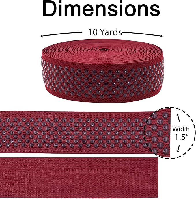 Mandala Crafts 1.5 Inch Elastic Silicone Gripper Tape for Clothing - 10 Yds Dotted Non Slip Elastic Band for Sewing - Burgundy Silicone Flat Fabric Stretchy Ribbon Straps