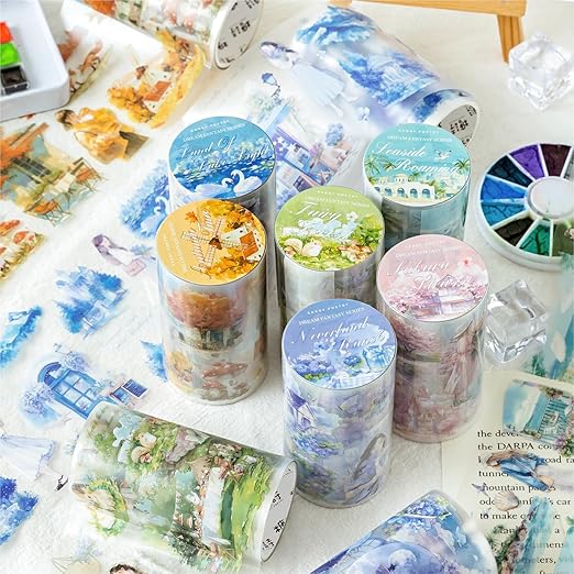 Alideco 6pcs Decorative Adhesive Tapes Vintage Watercolor Landscape PET Tape Great for Bullet Journal Supplies, Arts, Scrapbook, DIY Crafts, Planners (mengjingxiaxiang)