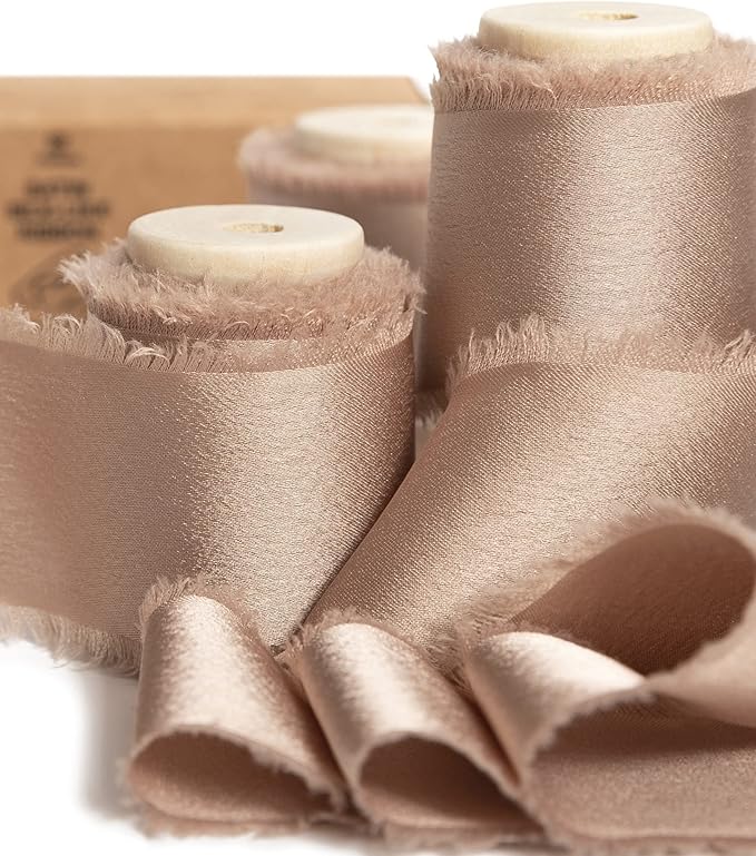 Vitalizart Silk Satin Ribbon 1-1/2 inch x 15 Yard Champagne Brown Ribbon Handmade Frayed Ribbons for Gift Wrapping Baby Shower Wedding Bridal Bouquets Holiday Decor