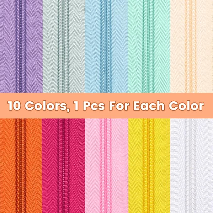 DOITEM 22.2 Yards/ 20 m 10 Pieces Assorted Colors #5 Nylon Coil Zippers, Sewing Zippers Endless Zips with 40 Pieces Zipper Sliders Zip Heads for Sewing Tailor Craft Supplies