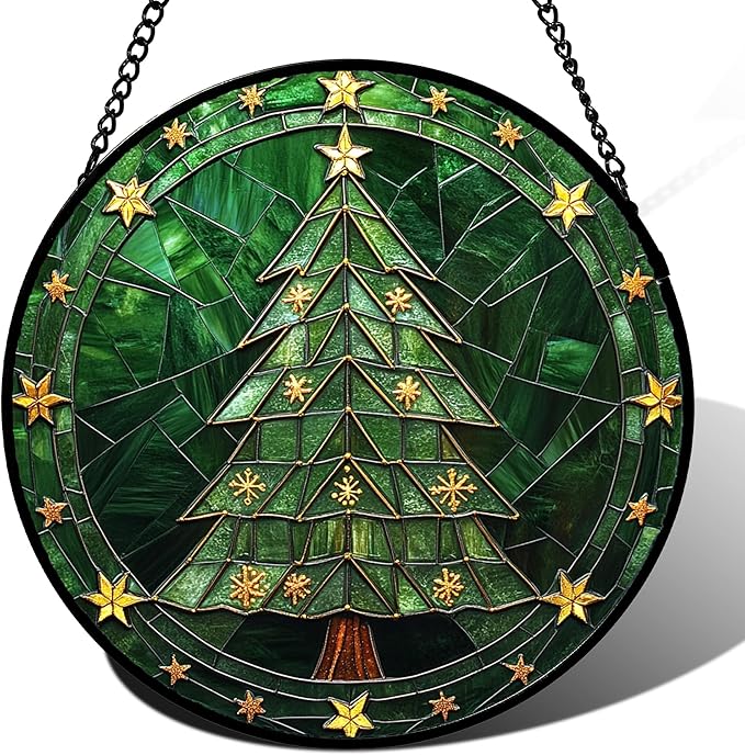 Stained Glass Window Hanging - Green Christmas Tree with Golden Stars Suncatcher for Doors Home Christmas Decoration Sun Catcher Thanksgiving New Year Birthday Gifts for Women Men Mom Nana 9.8 in