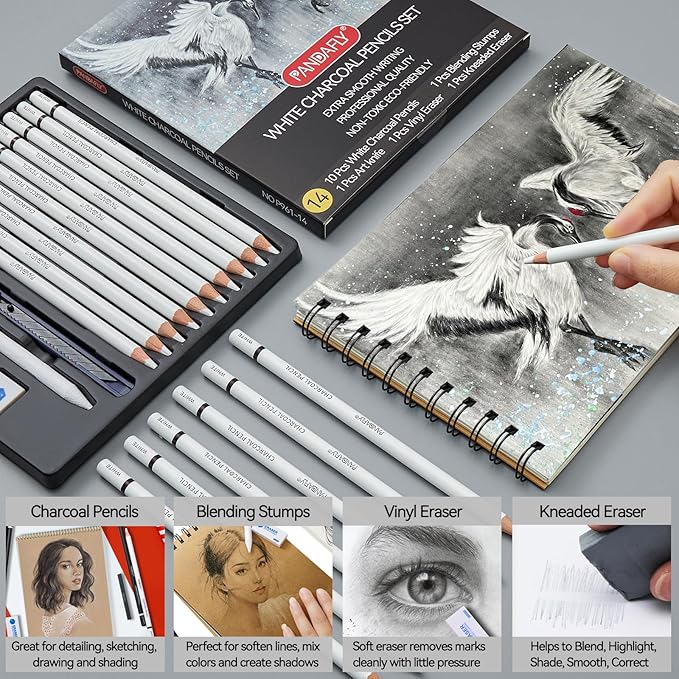 PANDAFLY White Charcoal Pencils Set, Professional 14 Piece Sketch Highlight Charcoal Pencils for Drawing, Sketching, Shading, Blending, White Chalk Pencils for Beginners & Pro Artists
