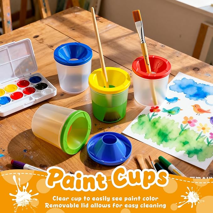 24 Pcs No Spill Paint Cups with Lids for Kids Reusable Spill Proof Paint Cups for Classroom art Supplies and Crafts, (4 Colors)