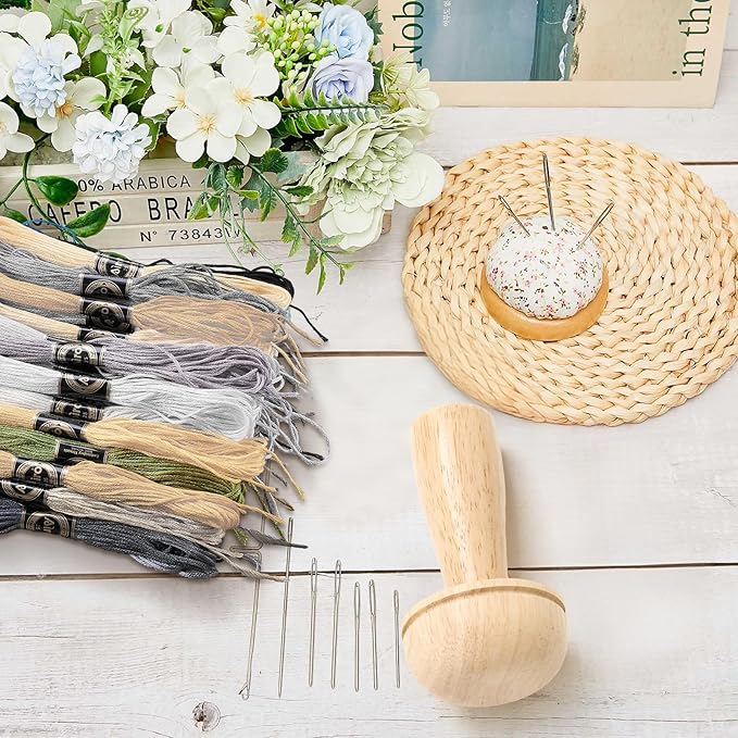 Jexine Darning Mushroom for Socks Wooden Darning Supplies Kit with Large Eye Needles Sewing Threads for Socks Clothes Adults Darner DIY Handicraft Home Sewing Care(Regular Color)