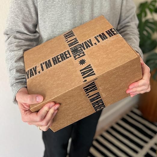 Printed Packing Tape for Small Business - Cool Decorative Designer Packaging and Shipping Tape - 1.88" x 110 Yards (330 feet) - Cute Yay, I'm Here! Clear Black