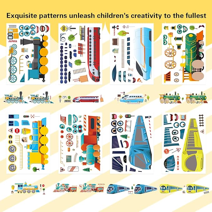 DUJAA 24 Sheets Train Stickers for Kids, Make Your Own Steam, Freight, Bullet Trolley Trains Stickers for Toddlers, Train Party Favors, DIY Craft Great Birthday Classroom Teacher Reward