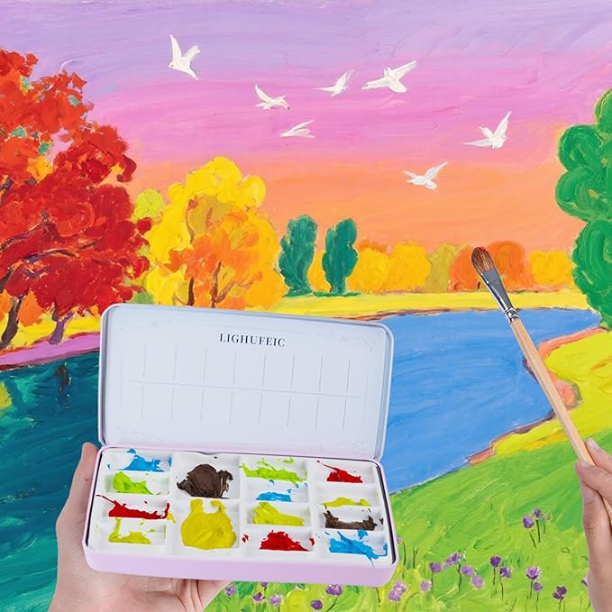 Travel Watercolor Palette,Portable Ceramic Palette with 14 Well,Metal Paint Box with Porcelain Palette(Pink Box)