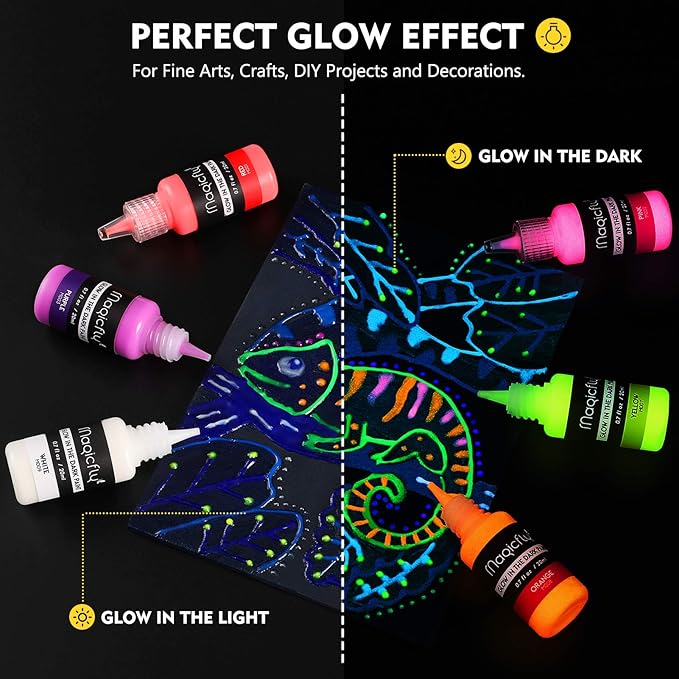Magicfly Acrylic Glow in The Dark Paint, 10 Bright Colours Liquid Luminous Paint, Neon Paints Glow in Dark for Painting, Halloween Decoration, DIY Crafts, 20 ml Each