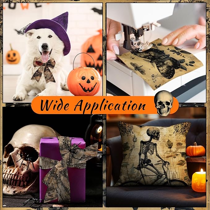 Hahafelt 10 Pcs 18'' x 22'' Vintage Halloween Quilting Fabric Squares Spooky Gothic Retro Halloween Precut Fabric Bundle Skeleton Crow Butterfly Rose Heart for DIY Craft Sewing Quilt Material Handmade