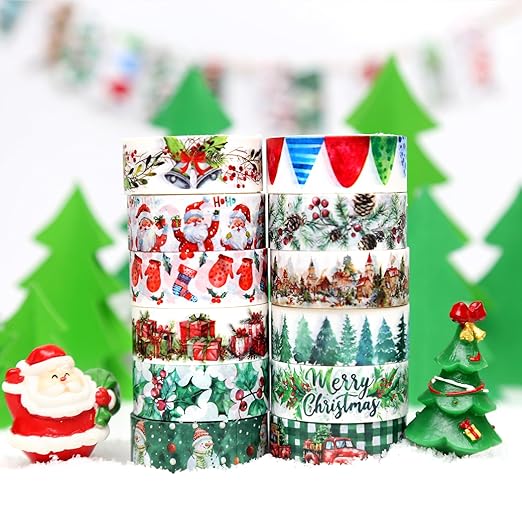 Christmas Washi Tape Set,12 Rolls Floral Watercolor Plants Decorative Tape Santa Claus Snowman Gift Masking Tape for Journaling Supplies,Journal, Scrapbooking,DIY Arts & Crafts,Gift Wrapping