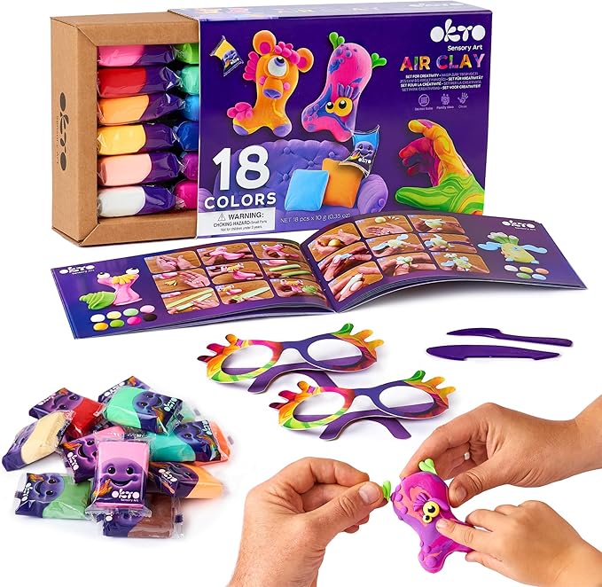 Okto Air Dry Clay for Kids – 18 Colors Foam Clay Set – Non-Sticky, Dries in ~24 Hours – Sculpting Tools, Fun Glasses, Storage Bags & Photo Guide – Sensory Craft Kit