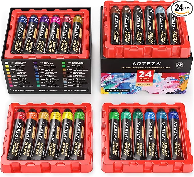 ARTEZA Acrylic Paint Set 24 Colors (0.74 oz Tubes). High-Viscosity, Richly Pigmented Paints for Canvas, Wood & Crafts. Non-Toxic Water-Based Formula. Holiday Gift for Artists & Painters