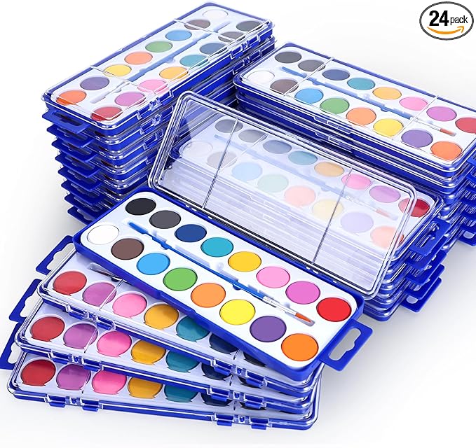24 Pack Watercolor Paint Set, 16 Colors Watercolor Paint Set Bulk with Paint Brushes, Washable Paint, Art Supplies for Classroom, Parties
