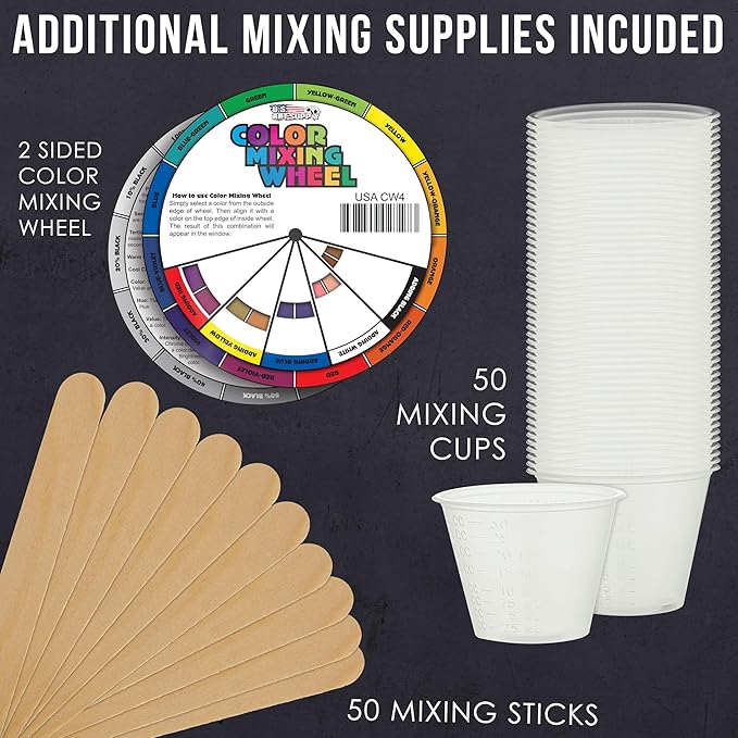 U.S. Art Supply 36 Color Deluxe Acrylic Airbrush, Leather & Shoe Paint Set with Cleaner, Thinner, 50-Plastic Mixing Cups, 50-Wooden Mix Sticks and Color Mixing Wheel
