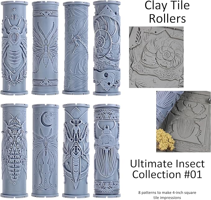 Ultimate Insect Clay Texture Rollers 8-Set (4") - Insect Set #01 - Embossing Pattern Rollers for Polymer & Ceramic Clay, Pottery & Crafts